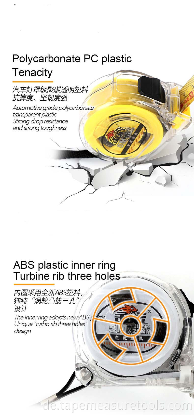 Transparentes neues ABS-Stahlbandmaß, 3m5m7,5m Heimmaßband